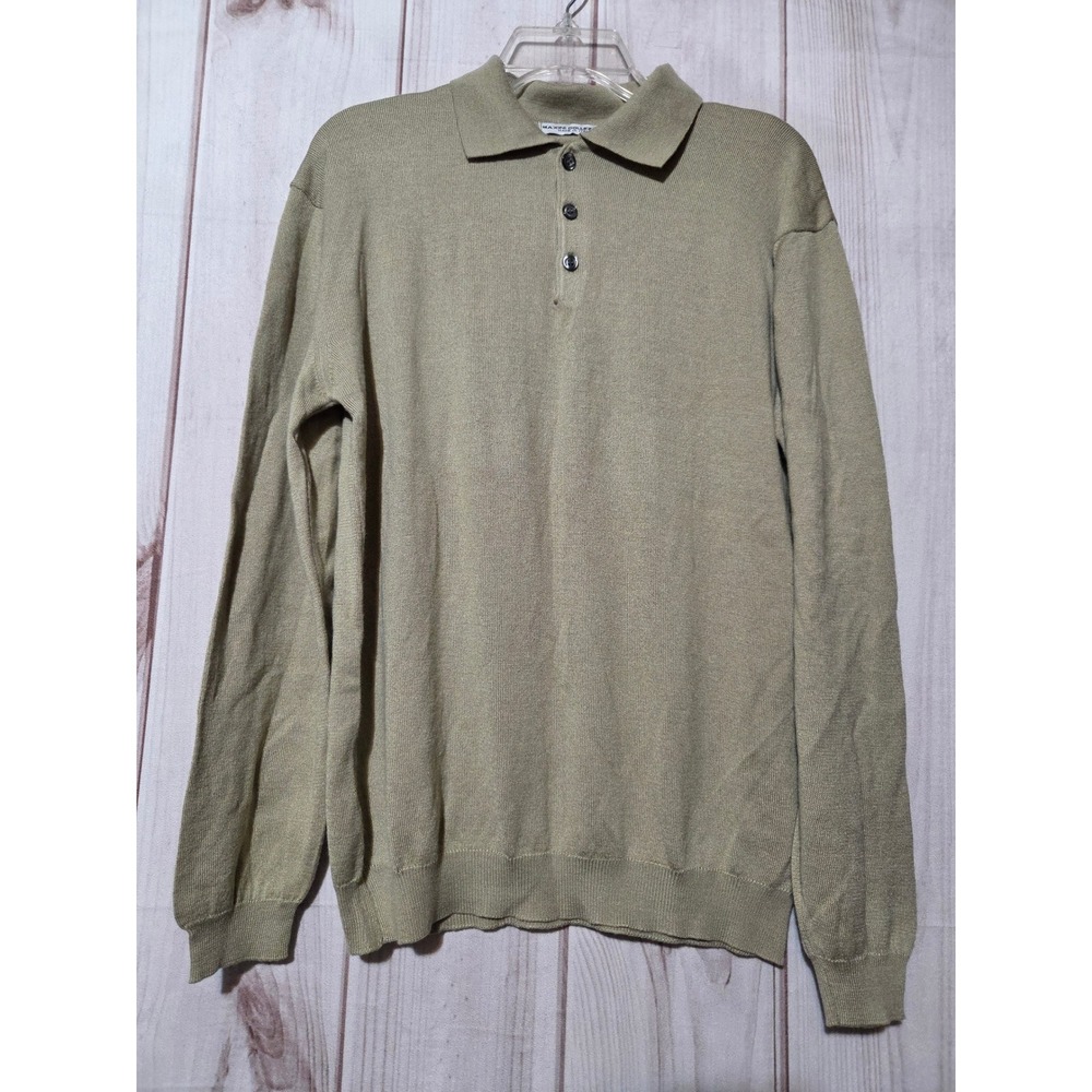 Maxini Collezione Mens Tan Olive Merino Wool Blend Long Sleeve Polo Sweater M